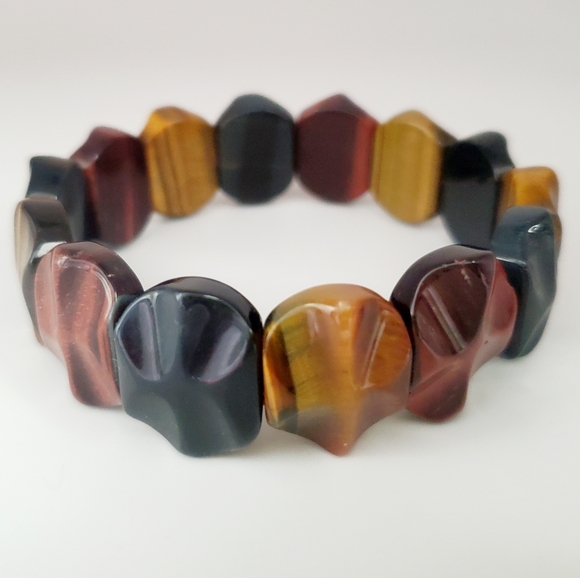 Gemstones Beaded Stretch Bracelet Genuine Natural Tiger Eye Red Blue Yellow - Picture 3 of 4